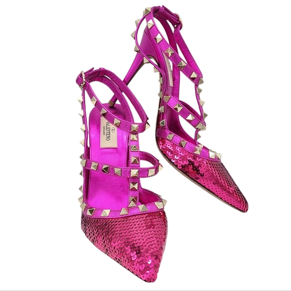 Valentino Rockstud Sequined Leather Pumps Pink 38.5 - Picture 3 of 16